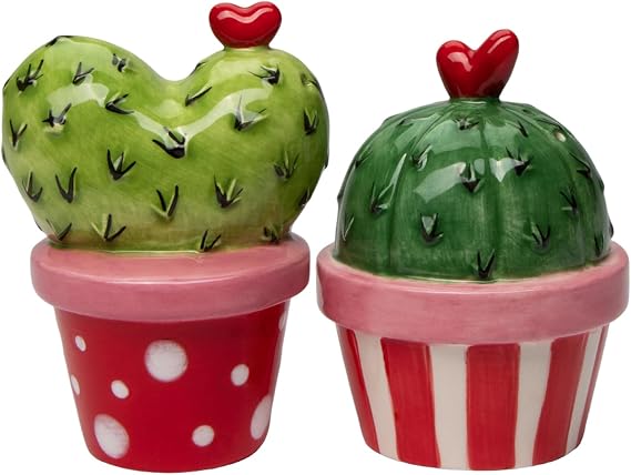 21063 Fine Ceramic Valentine Love Red Heart Cactus Salt & Pepper Shakers Set, 3-1/4" H