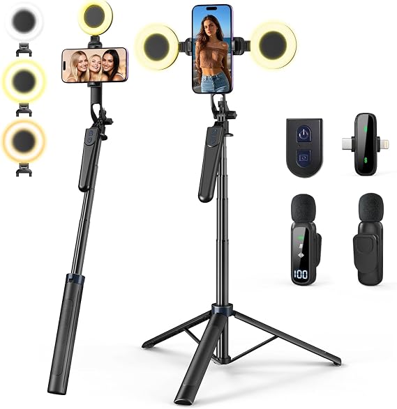 yAyusi Vlogging Kit for iPhone/Android, 70.9" Extendable Selfie Stick Tripod for iPhone with Light, Remote Control & Microphone for TikTok/YouTube/Content Creator Essentials Starter Kit