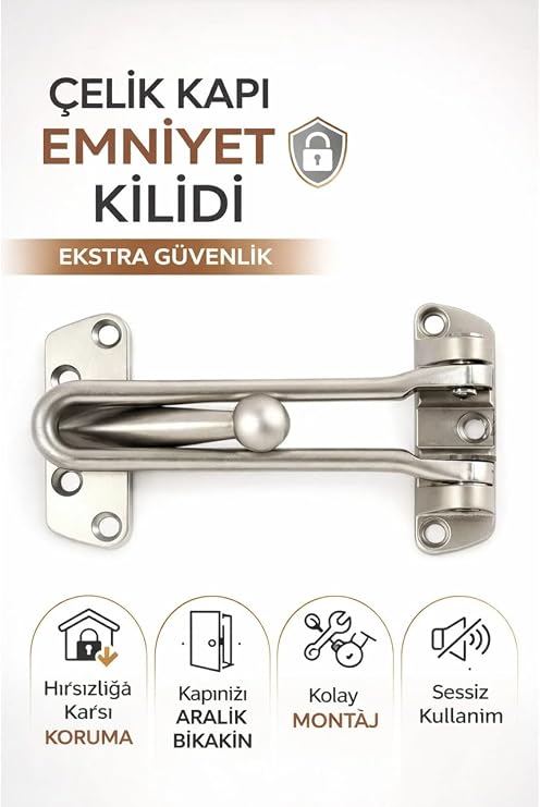 Çelik Kapı Emniyet Kilidi, Metal Güvenlik Aparatı, Hırsızlığa Karşı Ekstra Koruma, Kolay Montaj, Sessiz Kullanım
