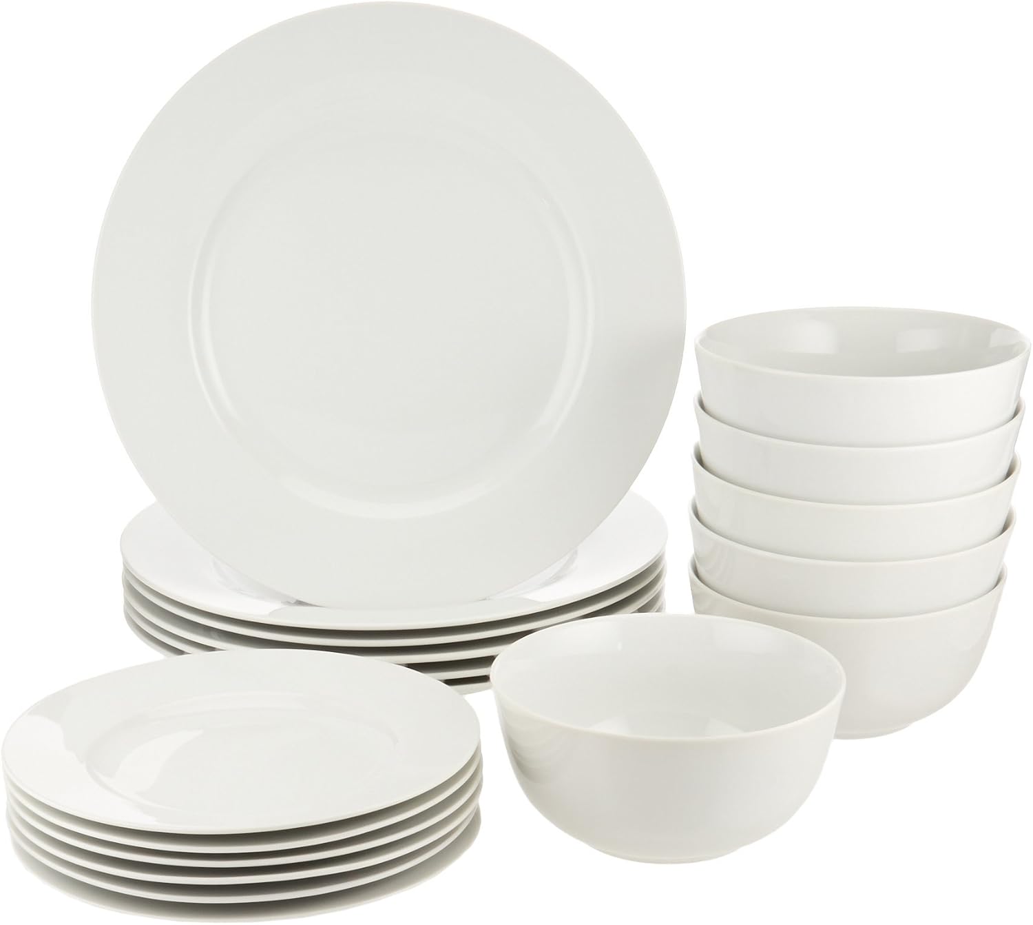 Amazon Basics Dinnerware Set for Kitchen Plates & Bowls for 6 White 18 Piece Set