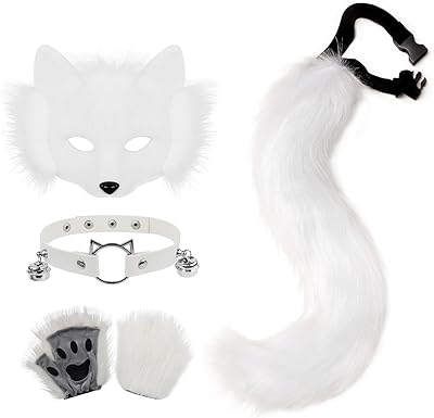 HAOAN Faux Fur Half Face Mask Paw Gloves Wolf Fox Tail and Leather Necklace Set Costume for Halloween Cosplay Party