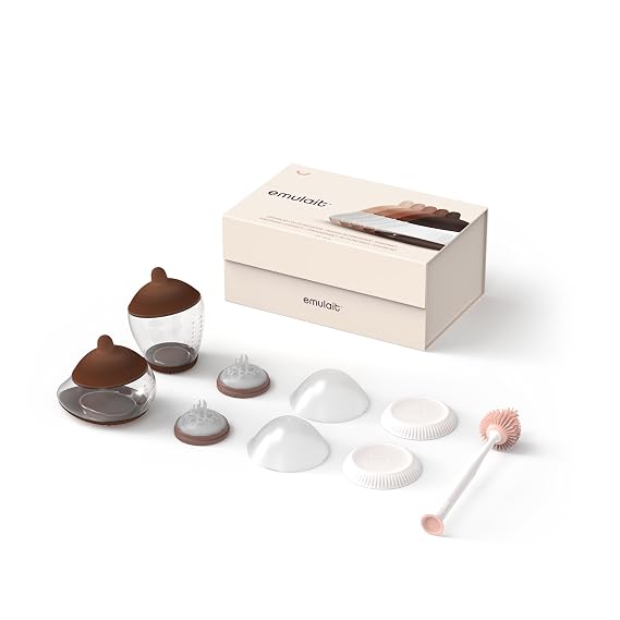 Emulait Baby Bottle Starter Kit Includes 2 Bottles 2 Nipples 2 Caps 2 Lids 2 Responsive Flow Valves, Cleaning Brush - Deep - Shape 1