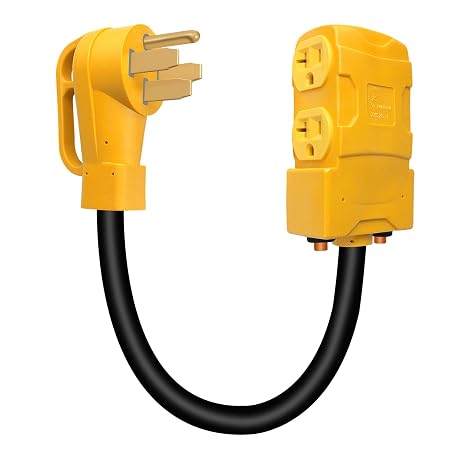 YSD 50 Amp to 20 Amp RV Distribution Adapter 4 Prong NEMA 14-50P Male to 4X5-20R/5-15R Household Outlet Female with Circuit Breaker RV Generator Adapter Cord (1.5FT)