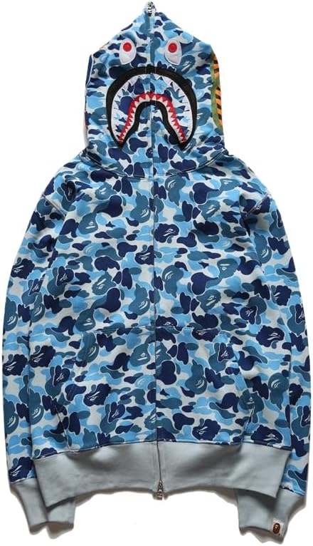 EXXE&OYYO Mens Shark Hoodie,Cotton Material Shark Jaw Jacket Ape Camo Full Zip Jacket Up