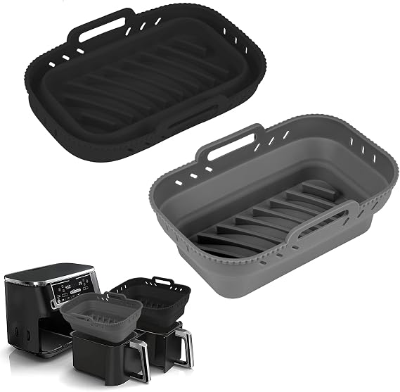 Small Air Fryer Silicone Liners, 7.56 x 5.12 inch Small Rectangle Collapsible Airfryer Liner, Reusable Non-Stick Baking Trays for Ninja DZ201/DZ401/DZ550 Instant Air Fryer, 2 Pack (Grey+Black)