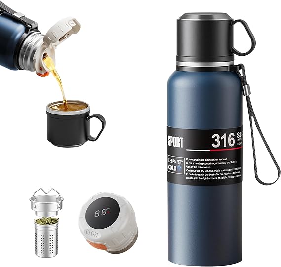 Double wall vacuum Leakproof stainless steel wide mouth insulated water bottle;tea tumbler with infuser,cup,lid;smart thermoses hot coffee;thermal flask ice drinks with led digital temperature display