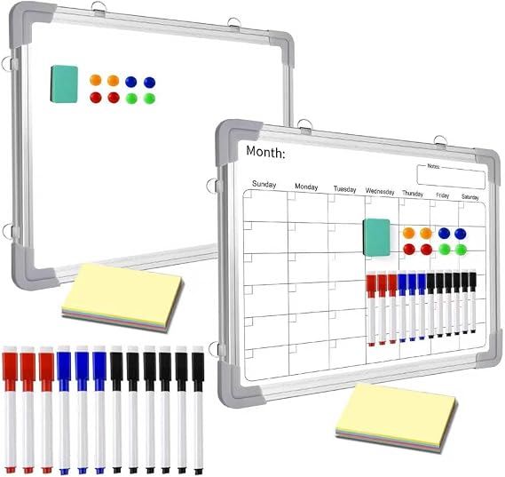 16" x 12" Dry Erase Monthly Calendar Whiteboard for Wall, Magnetic Double-Sided Portable Hanging White Board w. 12pcs Magnetic Pen, 6 Magnets & Eraser for Planning Memo to-do-List (2 Packs)