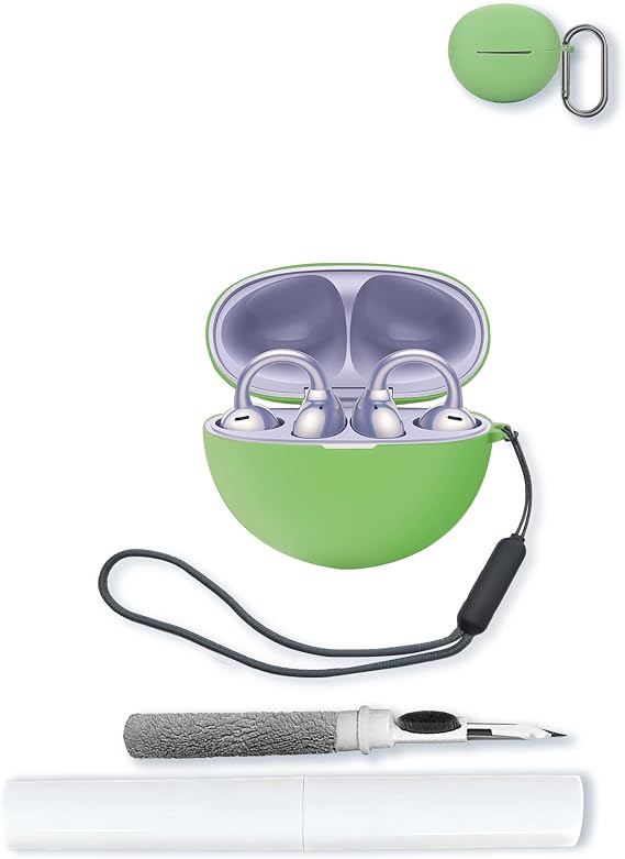 Case for Huawei FreeClip Open Ear Bluetooth Earphones,Soft Protective,BOVUGAC Silicone Case Cover with Keychain & Cleaning Kit & Lanyard for Huawei FreeClip Earbuds-MatchaGreen