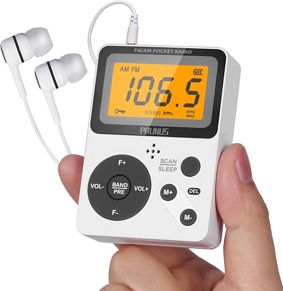 PRUNUS J-159 Pocket AM FM Radio Portable with Stereo Earphone (No Speaker) | 2 x AAA Powered, Manual Preset, Lock Key, Backlight, Sleep Timer, Mini Radios, Digital Radio, Battery Operated Radio