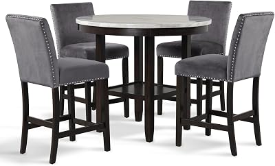 New Classic Furniture Celeste 5-Piece Faux Marble Round Counter Set with 1 Table and 4 Chairs, 42-Inch, Grey