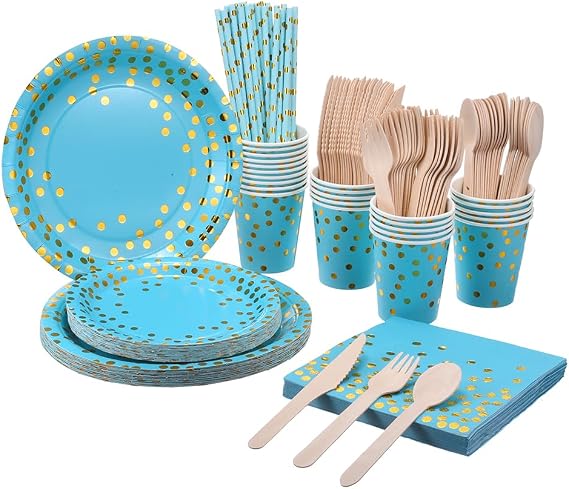 200 Pieces Rose Gold Party Supplies - Rose Gold Paper Plates & Napkins Cups Silverware Serves 25 Sets for Wedding Bridal Shower Engagement Birthday Parties (Blue, 12 * 24 * 24cm)