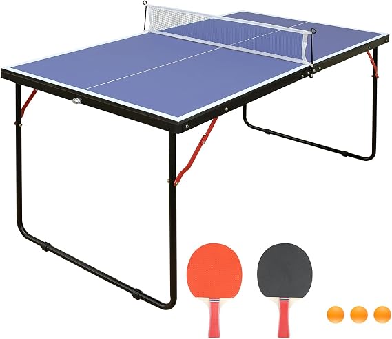 Foldable Ping Pong Table, 6FT Indoor/Outdoor Blue Table Tennis Tables Game withNet 2 Paddles and 3 Balls for Adult, Kid, Teenager