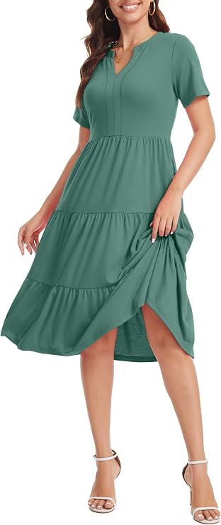 Jeqeocafy Women's V Neck Dress 2026 Lounge Fashion Casual Loose Fit Flowy Swing Tiered Vacation Dresses