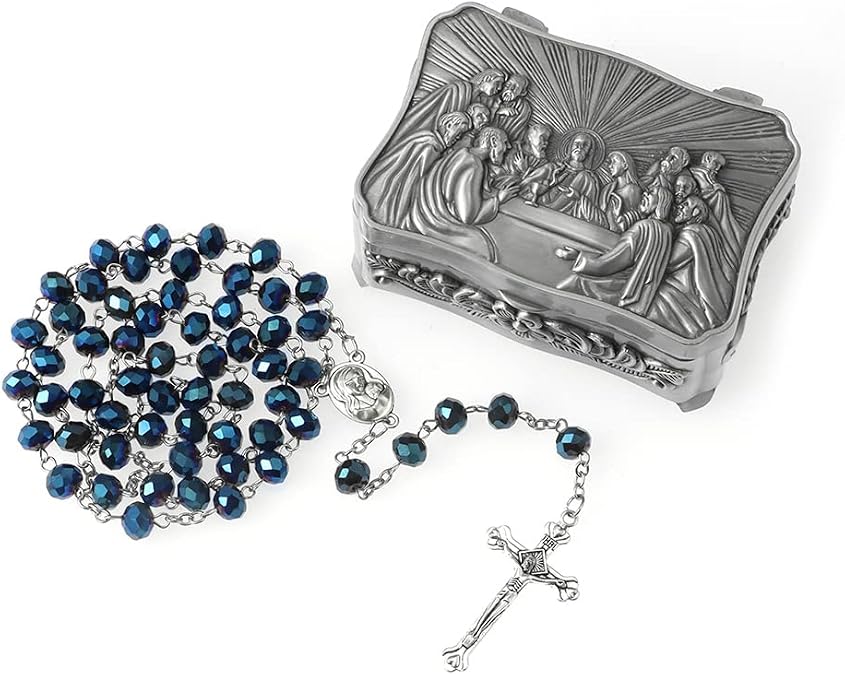 Rosary Beads for Women With Box, Blue Crystal Catholic Necklace, Last Supper Vintage Jewelry Box, Anglican Prayer Beads Christian Gifts