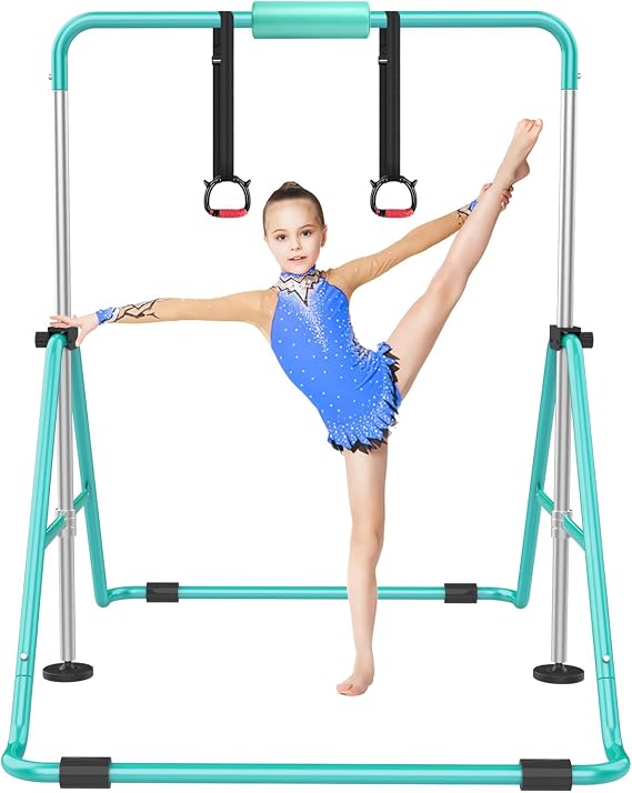 RINREA Gymnastic Bars for Kids, Adjustable Height Horizontal Bar for Home | 5-Height 35"-51", Foldable & Space-saving, Indoor Outdoor Training Kip Bar, with Gymnastics Rings & Gymnastics Pad
