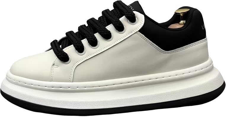 Platform Sneakers with Thick Sole, Leather Upper, Chunky Laces, White and Black