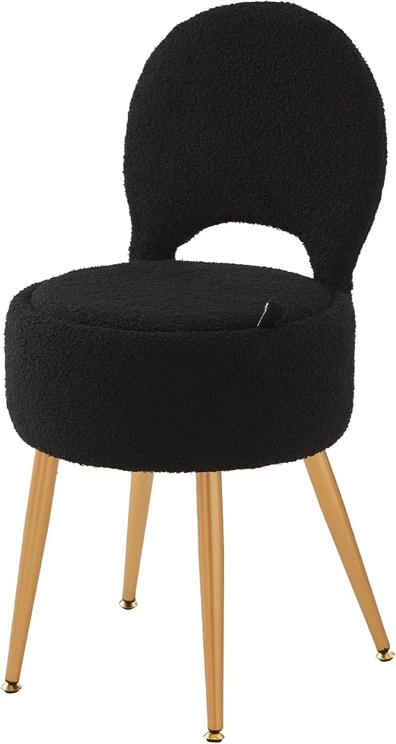 Small Vanity Stool Chair with Storage and Folding Back,4 Metal Legs with Anti-Slip Feet,Round Ottoman with Velvet Seat, Furry Padded Seat for Makeup, Bedroom (Black, Small)