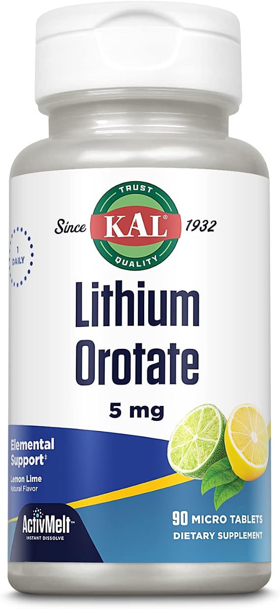 KAL Lithium Orotate ActivMelt 5mg, Chelated Lithium for Optimal Absorption and Bioavailability, Healthy Mood Support, Natural Lemon Lime Flavor, Instant Dissolve Tablets, 90 Servings, 90 Micro Tablets