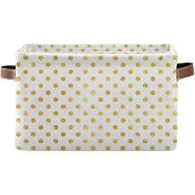 QMXO Germetric Golden Polka Dot Pattern Canvas Fabric Storage Basket Collapsible Toys Storage Bin with PU Leather Handles Basket Box Organizer for Wardrobe Closet Shelves Organiser