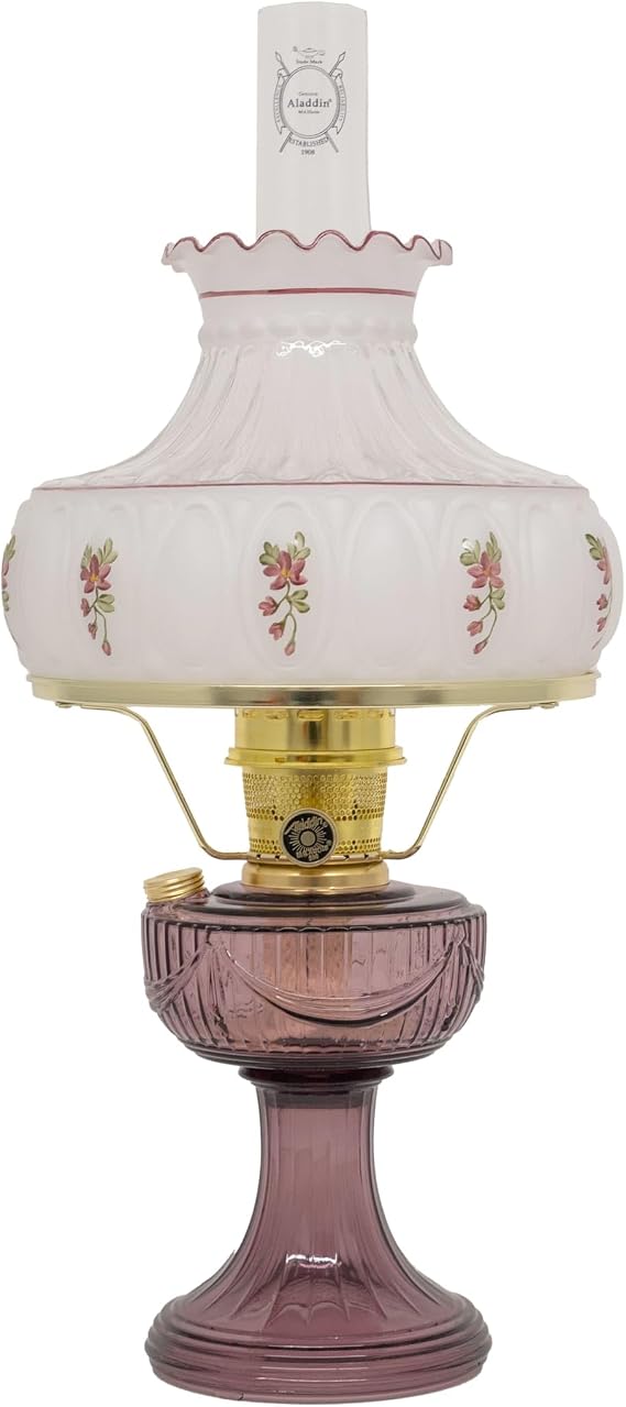 Aladdin Amethyst Lincoln Drape Table Oil Lamp with Rose Shade and Brass Trim, Classic Vintage Design and Bright Illumination