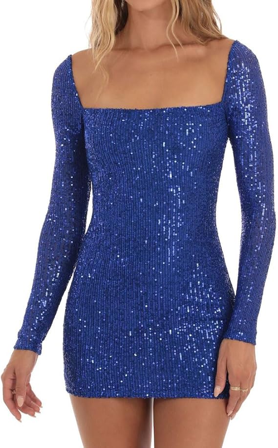 Women Sexy Long Sleeve Sparkly Sequin Bodycon Mini Dress Square Neck See Through Backless Self Tie Up Short Dress