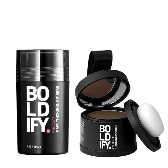 Boldify Hair Fiber + Hairline Powder: Build & Conceal Bundle - Undetectable Hair Thickener for Fine Hair, Instant Stain-Proof Root Touchup Powder, For Men & Women (Medium Brown)