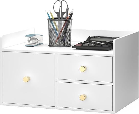 Bamboo Desk Organizer with Drawers,Wooden Desktop Storage (3 Drawer,White) | 100% Bamboo 3 Pull-Out Drawers No Assembly Required Space-Saving Design