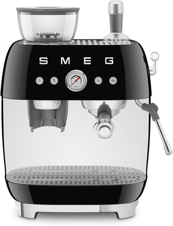 Smeg EGF03 Semi-Automatic Espresso Machine with Built-In Grinder, Dual Thermoblock, 50s Retro Style Black (120 V)