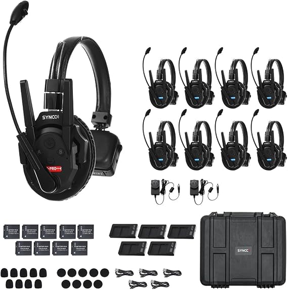 SYNCO XTALK XPro9 Wireless Intercom Headset System 2.4 GHz 1640FT/500M Long Distance Range Full Duplex for 9 Person Communication with Noise Cancellation for Live Show Stage Performance Movie Shoot