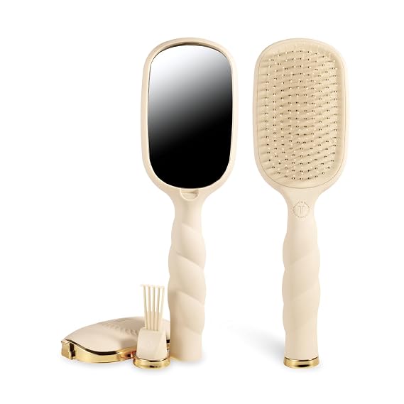 TELETIES - Detangler Hair Brush for Thick Hair - Detangling Paddle Brush - No Pulling/Breakage - Gentle Glide Anti Static Bristles - Built-In Mirror & Storage - Removable Cleaner - Tan