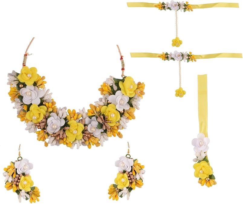 Efulgenz Indian Bridal Wedding Flower Handmade Jewelry Set for Haldi Mehandi