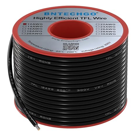 BNTECHGO 12AWG FEP Teflon Coated Wire Black 25ft Tin-Plated Copper