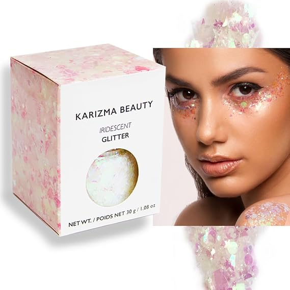 KARIZMA Iridescent Glitter. 30g Chunky Face, Hair, Eye and Body for Women. Rave, Festival Accessories, Cosmetic Makeup. Loose Set