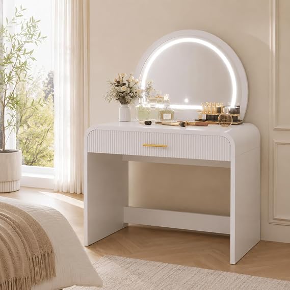 39" Makeup Vanity Table with Touch Screen Lighted Mirror, 2-in-1 Dressing Table with Removable Mirror and Drawer, Modern Vanity Desk for Bedroom, Home Office, White