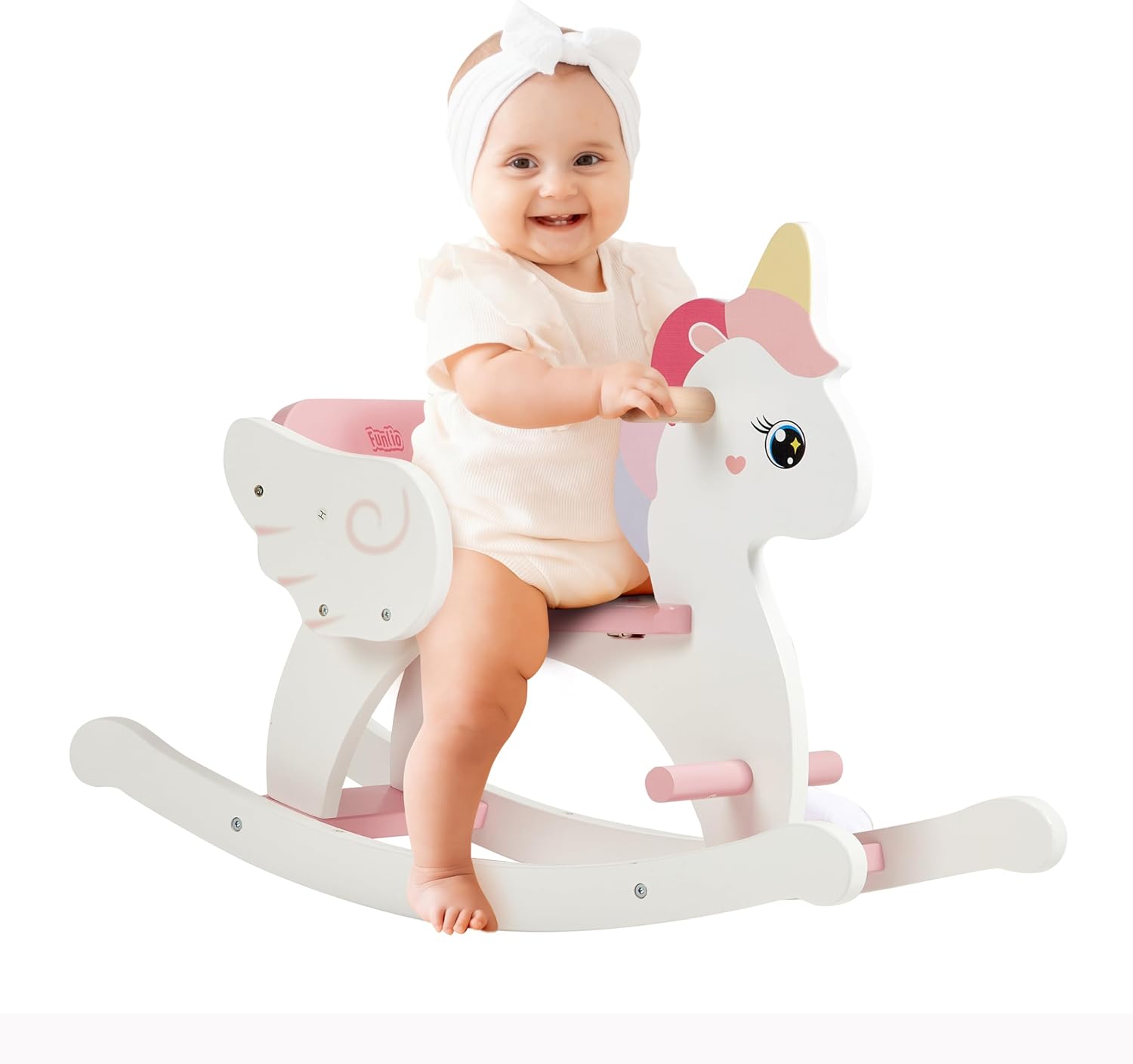FUNLIO Wooden Unicorn Baby Rocking Horse Ages 0.5-3, Cute Baby Rocking Horse with Safety Belt & Backrest, Easy to Assemble Toddler Ride on Toys, CPC & CE Certified - Pink