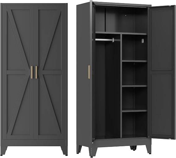 Metal Armoire Wardrobe Closet, Bedroom Armoires with Hanging Rod