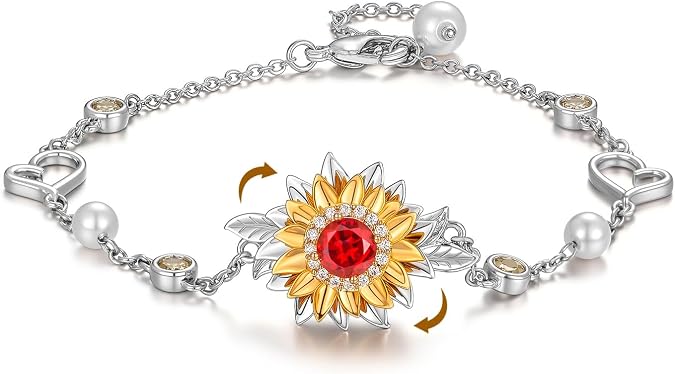 Spinning Sunflower Bracelet For Women,Heart Floral Bracelets,925 Sterling Silver Bracelets, Non Tarnish Jewelry Gifts for Birthday