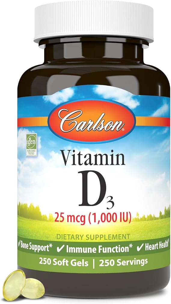 Carlson Vitamin D3, 1000 IU (25 mcg), Bone Health, 250 Softgels | Muscle Health; Cholecalciferol; Vitamin D Supplements; Vitamin D3 Soft Gels