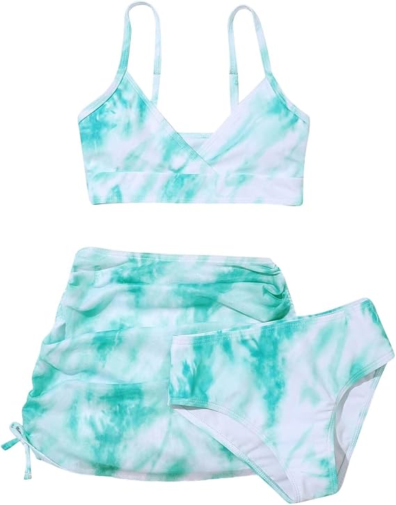 Betadog Girls' 3 Piece Bikini Set Ditsy Floral Print Wireless Swimsuit with Beach Skirt Girls Swimsuits Set