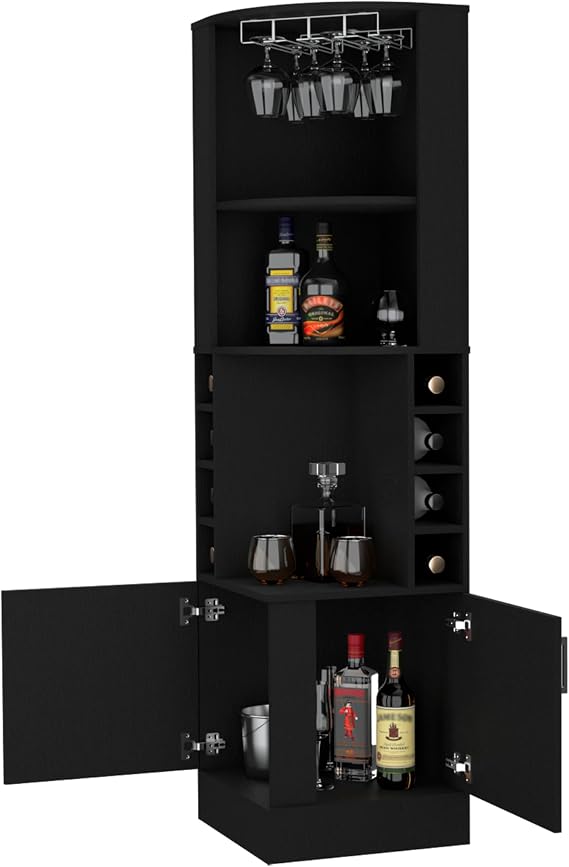 Corner Bar Cabinet, 71" Tall Farmhouse Wine Cabinet with Shelves and Doors, Home Bar Cabinets for Liquor, Corner Display Cabinets for Small Space, Eight Built-in Wine Rack, Black