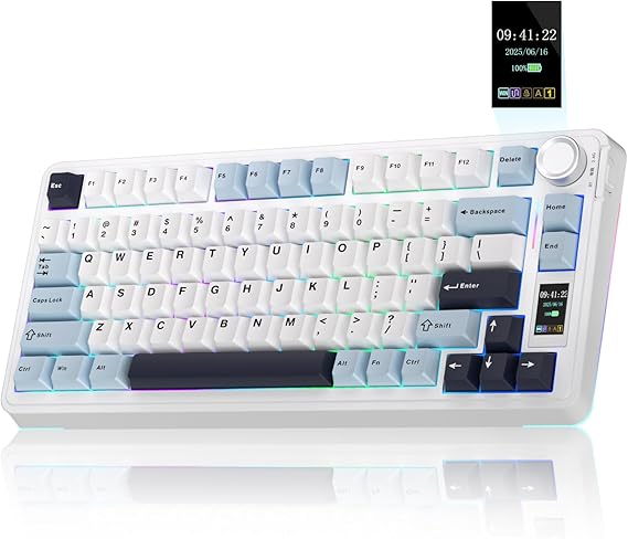 AULA S75 Pro Gaming Keyboard 75% BT5.0/2.4G/USB-C Wireless Mechanical Keyboard with Display & Button Five-Layer Padding Structure QWERTY RGB Hot Swap Creamy Sound (Blue White)