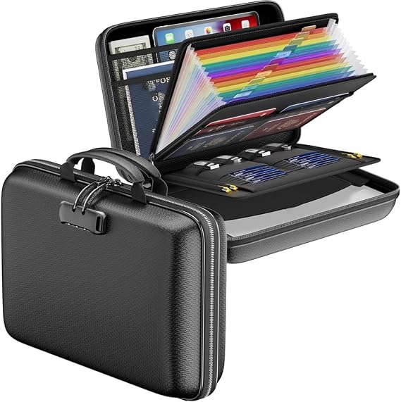 Fireproof File Organizer Hard-Shell Case Fireproof with 13 Accordion File Folder, for Important