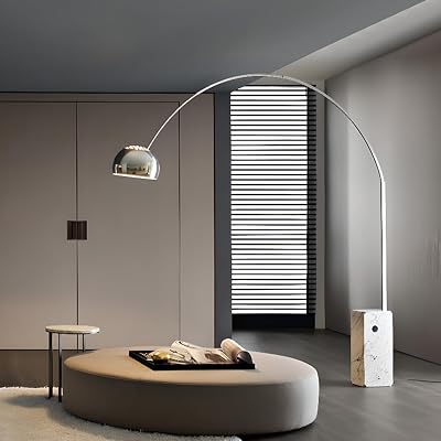 LITFAD Modern Floor Light Flexible Height Arc Floor Lamp with Foot Switch and Marble Base Stainless Steel Standing Light for Living Room Office Bedroom, Rectangle Base, Large Size 110V-120V