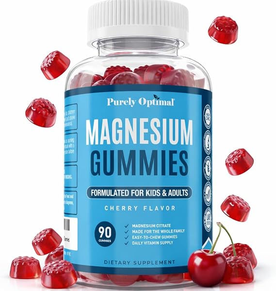 Purely Optimal Magnesium Citrate Gummies for Kids & Adults - Delicious Cherry Flavor - Sleep, Calm & Digestive Support, Relaxation, Muscle Health - Chewable Magnesium, Gluten-Free, Vegan - 90 Gummies
