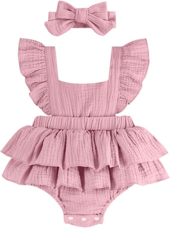 Newborn Baby Girl One-piece Romper Dress Infant Girl Summer Outfits with Headband Ruffle Sleeveless Bodysuit for Baby