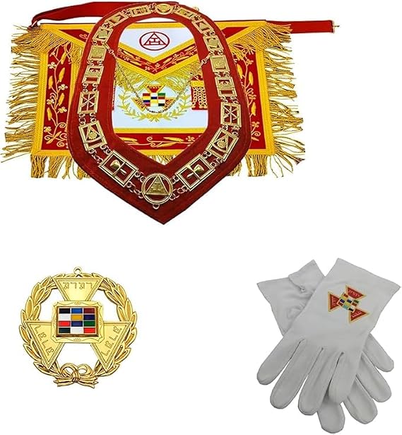 Masonic Regalia Royal Arch Full Dress Hand-Embroidery Bullion Apron Set with Chain Collar, Gloves, and Jewel, Red