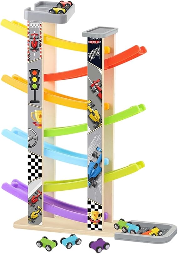 Toy Car Ramp Wooden 7-Level Learning Toys | Kids Race Track Ramp Set with 8-Car for Boys Girls Home School Preschool Classroom Garden Yard Birthday