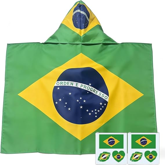 World Soccer Game 2026 Fan Essentials Kit | One Size National Cape (3x5 Ft) Flag+Waterproof Tattoos Soccer Support Wear (Brazil)
