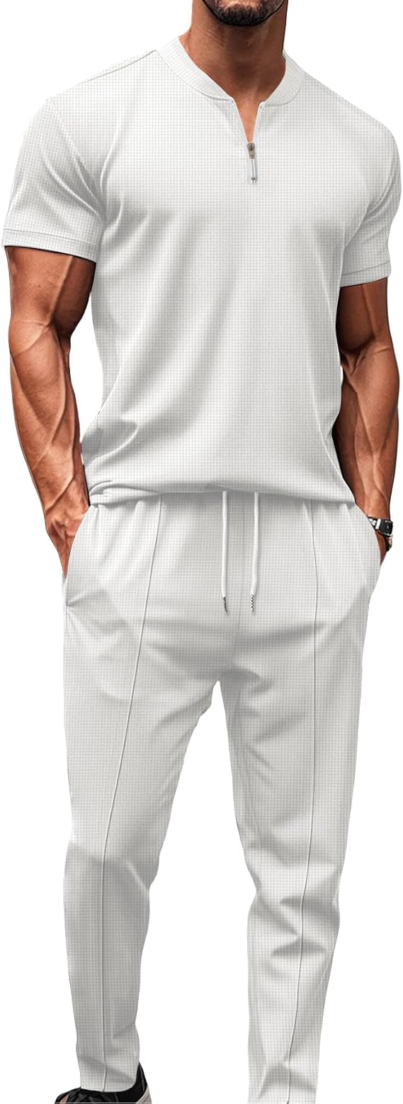 Men's Tracksuits 2pcs Short Sleeve Zip Workout Top & Trouser Set for Casual Sport Summer Outfits Lounge