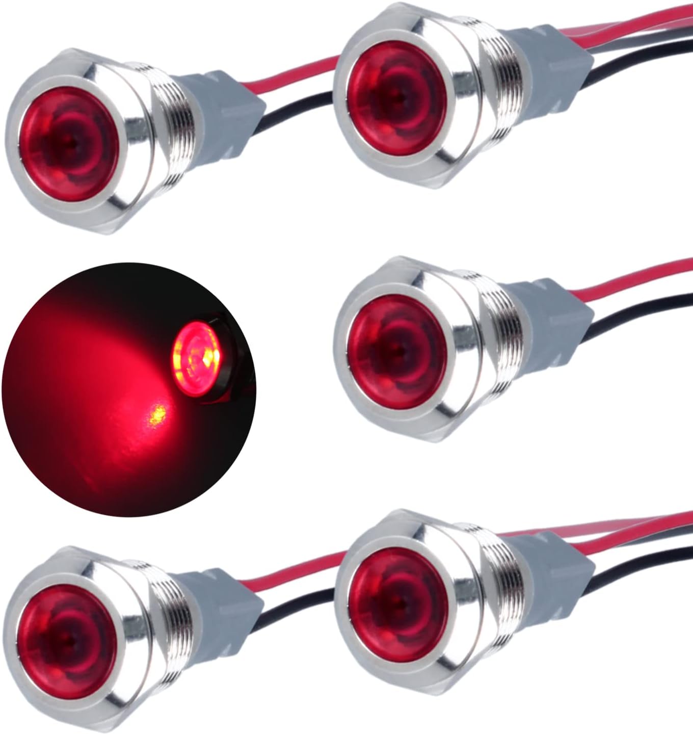 5 Pcs 12mm 110V-220VAC Metal LED Indicator Light Mounting Hole 12 20mA Energy Saving Dash Indicator Lights Waterproof IP67 with Wire for Machine Tools Household appliances etc.12mm Red